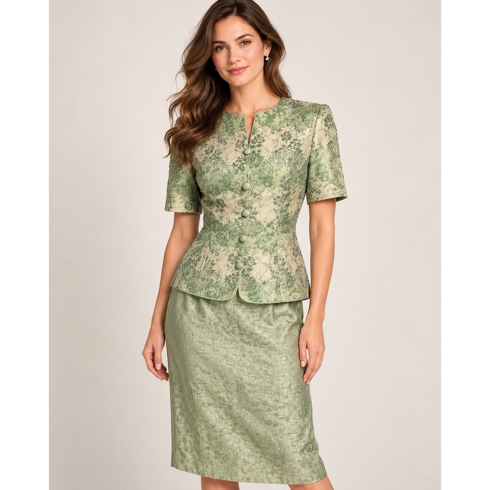 Vintage Adrianna Papell 100% Silk Beaded 2 Piece Skirt Suit Size 10 Green NWT